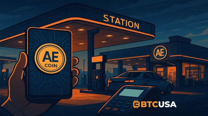 ae_coin_station Futuristic scene showing digital payments with AE Coin at Middle Eastern fuel stations.