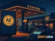 Futuristic scene showing digital payments with AE Coin at Middle Eastern fuel stations.