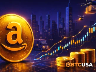 Amazon stock price prediction for 2030 showing gold dollar-symbol coins, rising price chart, delivery drones, and a futuristic city reflecting growth and innovation.