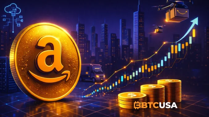 Amazon stock price prediction for 2030 showing gold dollar-symbol coins, rising price chart, delivery drones, and a futuristic city reflecting growth and innovation.