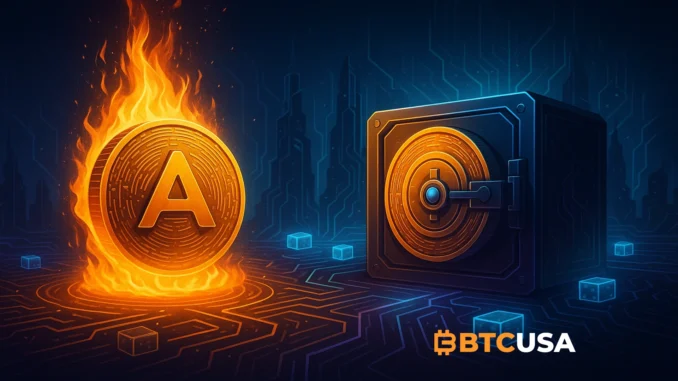 Futuristic crypto-themed illustration showing a large token burn event and locked token vaults, symbolizing Aster’s supply reduction and airdrop allocation.