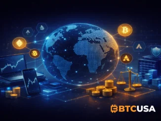 Abstract illustration of global cryptocurrency markets, trading platforms, and digital asset infrastructure
