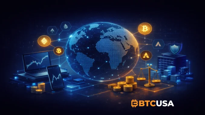 best-crypto-market-btcusa Abstract illustration of global cryptocurrency markets, trading platforms, and digital asset infrastructure