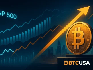 Cinematic illustration showing Bitcoin separating from rising U.S. stock market charts, symbolizing the rare decoupling between BTC and the S&P 500.