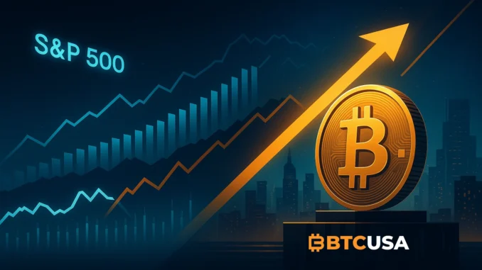 Cinematic illustration showing Bitcoin separating from rising U.S. stock market charts, symbolizing the rare decoupling between BTC and the S&P 500.