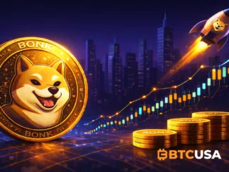 Bonk price prediction – golden BONK coin with Shiba Inu symbol, minimal blockchain grid and rising price chart on a dark blue futuristic background.