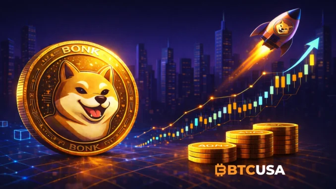 Bonk price prediction – golden BONK coin with Shiba Inu symbol, minimal blockchain grid and rising price chart on a dark blue futuristic background.
