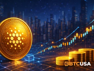 Cardano (ADA) price prediction – glowing gold Cardano coin with blockchain network cubes and rising candlestick chart on a dark blue futuristic background.
