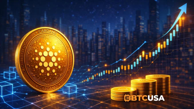cardano_price_prediction_btcusa_1920x1080 Cardano (ADA) price prediction – glowing gold Cardano coin with blockchain network cubes and rising candlestick chart on a dark blue futuristic background.