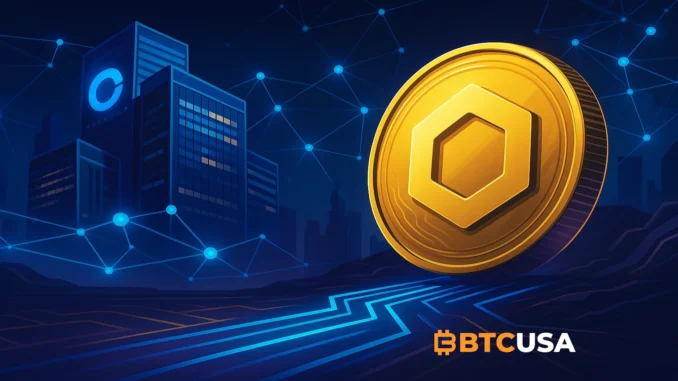 chainlink_coinbase_ccip Futuristic illustration of Chainlink CCIP connecting Coinbase’s wrapped assets across blockchain networks.