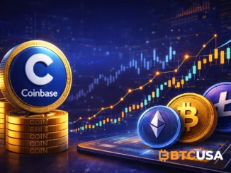 Coinbase stock price prediction illustrated with COIN shares, crypto market charts, and digital assets against a dark blue financial backdrop.