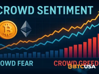 futuristic crypto sentiment dashboard showing shifting blue fear bars and red greed bars, with Bitcoin and Ethereum glowing above a digital market landscape in dark neon tones
