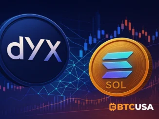 Cinematic digital illustration showing dYdX integrating spot trading with SOL and expanding access to U.S. users.