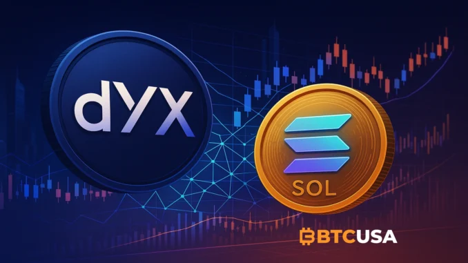 dydx_sol_btcusa Cinematic digital illustration showing dYdX integrating spot trading with SOL and expanding access to U.S. users.