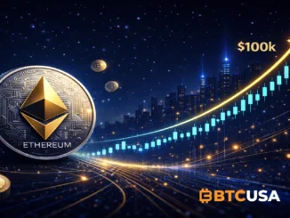 Ethereum price prediction illustrated with ETH coin, blockchain network and long-term upward market trend on a dark blue background.