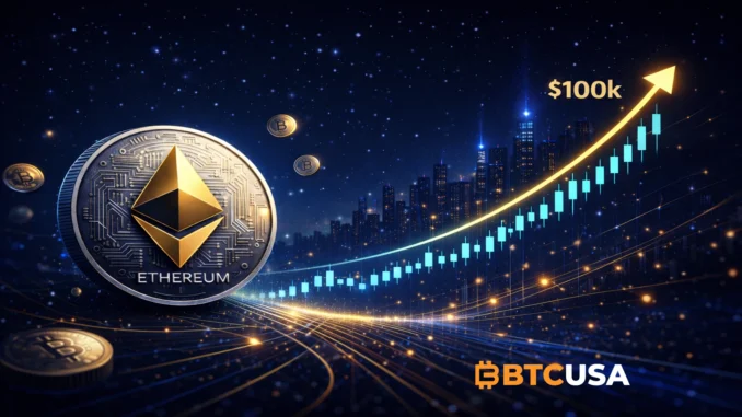 ethereum_price_prediction_100k_btcusa_1920x1080 Ethereum price prediction illustrated with ETH coin, blockchain network and long-term upward market trend on a dark blue background.