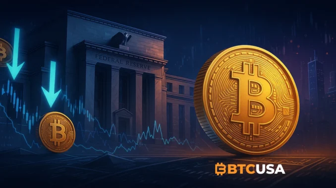 fed_bitcoin_decline futuristic financial landscape showing Bitcoin declining against a backdrop of Federal Reserve symbolism, glowing charts, and shifting market indicators in blue and gold tones