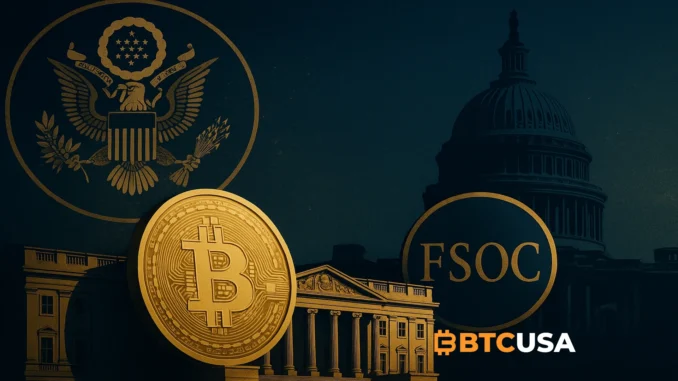 Illustration of the FSOC evaluating digital asset risks in the United States