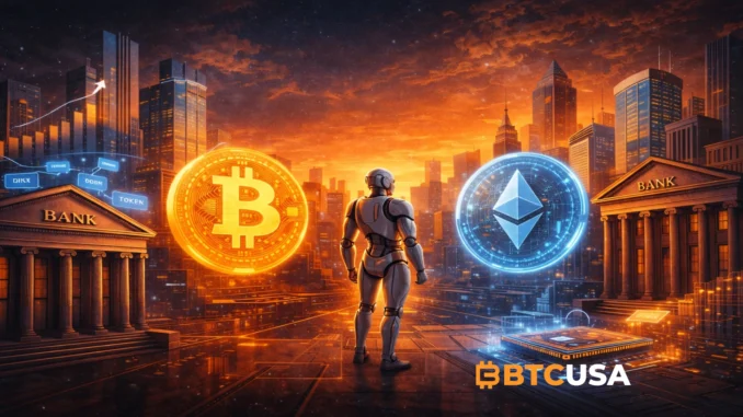 future_of_btc_eth_ai_intstitutionals_banks Futuristic visualization of institutional adoption shaping the crypto market in 2026.