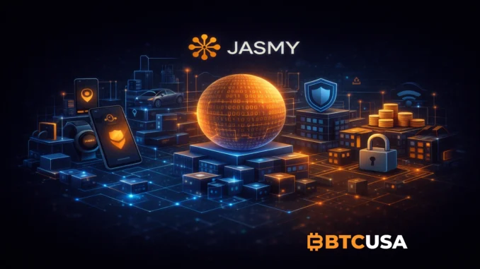 Abstract illustration of the Jasmy blockchain ecosystem focused on IoT devices, data ownership, and decentralized storage