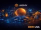 Abstract illustration of the Jasmy blockchain ecosystem focused on IoT devices, data ownership, and decentralized storage