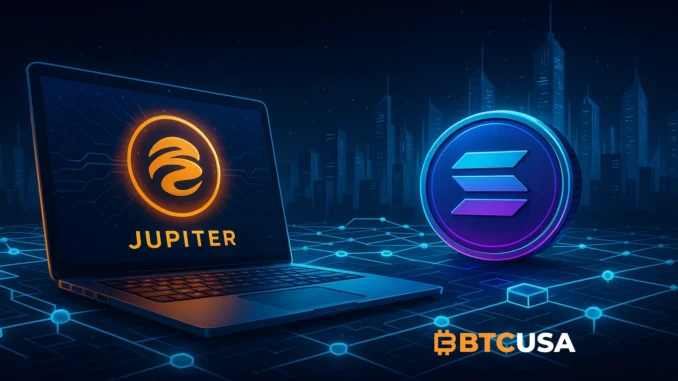 Futuristic illustration of Jupiter’s upgraded onchain finance ecosystem on Solana