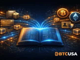 Illustration showing a digital financial ledger with interconnected accounts, transactions, and data flows representing accounting, blockchain, and modern ledger systems