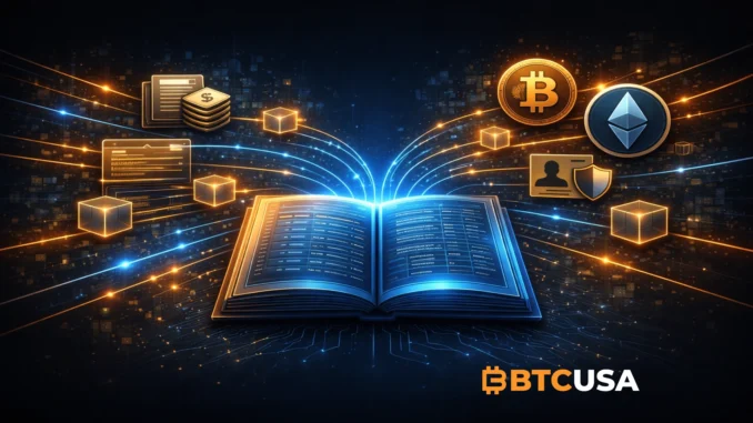 ledger-btcusa Illustration showing a digital financial ledger with interconnected accounts, transactions, and data flows representing accounting, blockchain, and modern ledger systems