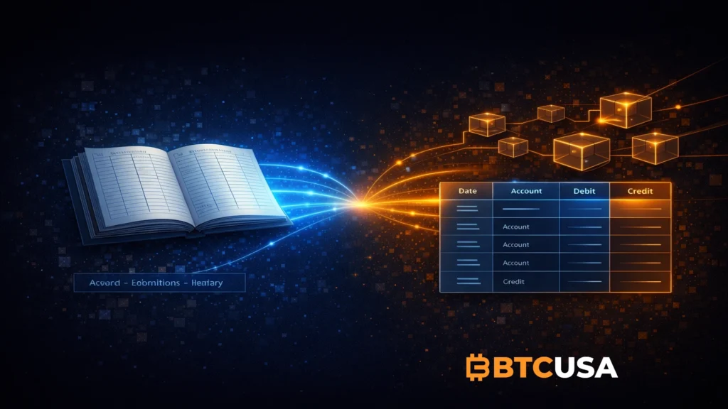 Illustration showing the evolution from traditional accounting ledgers to digital and blockchain-based ledgers
