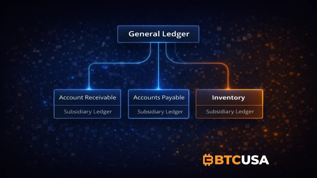 Diagram showing the relationship between a general ledger and subsidiary ledgers
