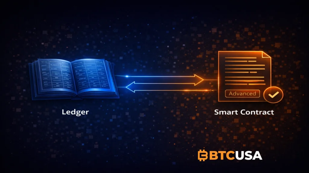 Illustration showing how smart contracts interact with a digital ledger to automatically record and execute financial transactions