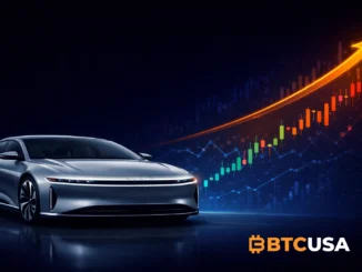 Illustration showing a luxury electric vehicle by Lucid Group alongside an upward stock price chart representing long-term growth expectations