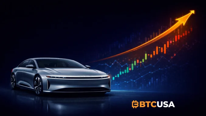 Illustration showing a luxury electric vehicle by Lucid Group alongside an upward stock price chart representing long-term growth expectations