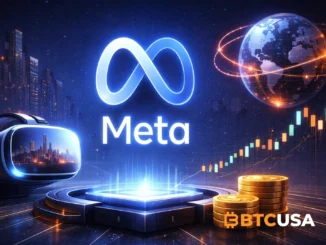 Meta (Facebook) stock price prediction – glowing Meta logo with VR headset, global network globe and rising candlestick chart in a futuristic city backdrop.