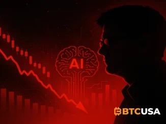Cinematic illustration showing a dramatic U.S. stock market downturn with red charts, AI-driven tech valuations, and a symbolic representation of Michael Burry’s warning.