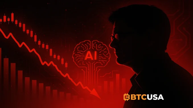 Cinematic illustration showing a dramatic U.S. stock market downturn with red charts, AI-driven tech valuations, and a symbolic representation of Michael Burry’s warning.