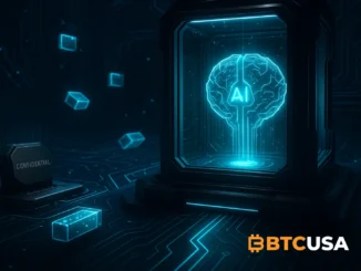 Futuristic digital illustration showing NEAR AI’s confidential computing system with secure hardware enclaves, encrypted data streams, and a protected AI core illuminated in neon blue.