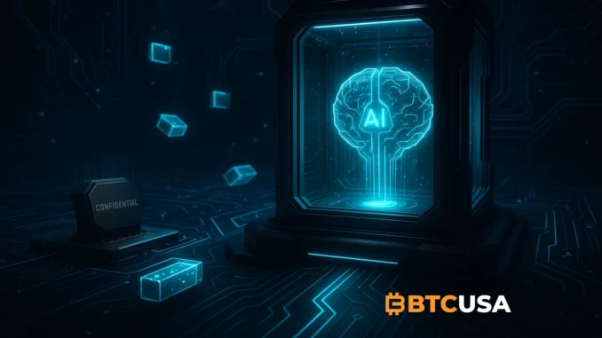 near_ai_confidential_computing Futuristic digital illustration showing NEAR AI’s confidential computing system with secure hardware enclaves, encrypted data streams, and a protected AI core illuminated in neon blue.