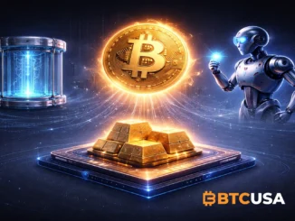 Futuristic illustration showing Bitcoin, AI agents, stablecoins and tokenized gold connected across multiple blockchains in a dark blue and gold style