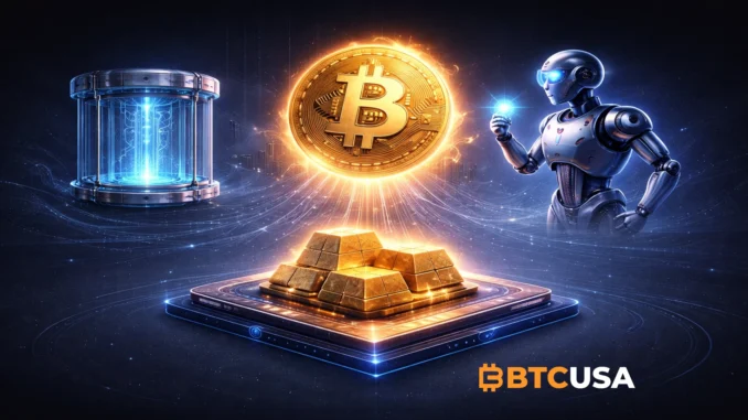 Futuristic illustration showing Bitcoin, AI agents, stablecoins and tokenized gold connected across multiple blockchains in a dark blue and gold style