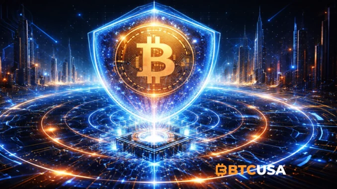 Futuristic visualization of Bitcoin adapting to quantum computing with enhanced security and reduced circulating supply