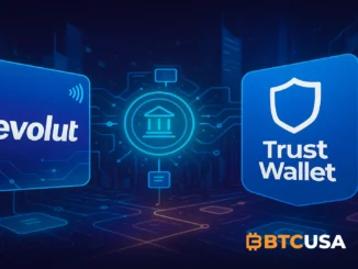 Cinematic illustration of Revolut and Trust Wallet integration with digital payment networks.