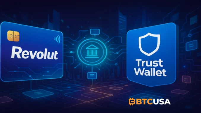 revolut_trust_wallet Cinematic illustration of Revolut and Trust Wallet integration with digital payment networks.