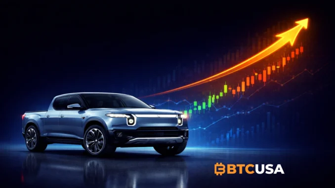 Illustration showing a Rivian electric vehicle with a rising long-term stock price trend representing future growth expectations