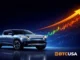Illustration showing a Rivian electric vehicle with a rising long-term stock price trend representing future growth expectations