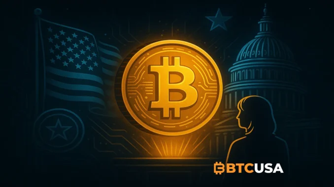 Futuristic illustration showing Bitcoin with US political symbols, hinting at speculation around possible federal interest in BTC after a senator’s cryptic statement.