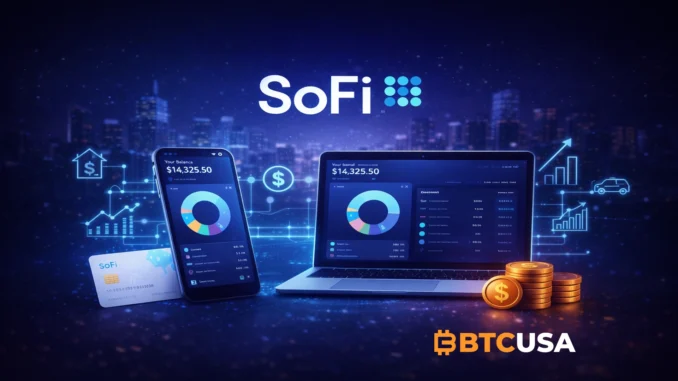Illustration representing SoFi Technologies as a digital-first financial platform reshaping online banking and personal finance
