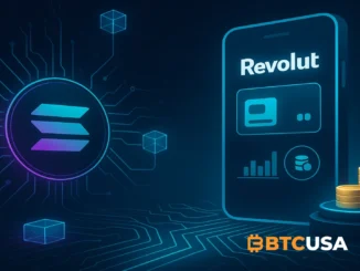 Futuristic illustration showing the Solana network connected with Revolut’s digital banking ecosystem, symbolizing payments, transfers, and staking integration.