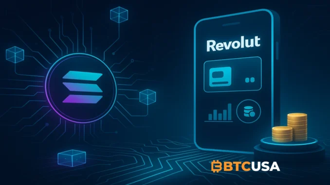 solana_revolut Futuristic illustration showing the Solana network connected with Revolut’s digital banking ecosystem, symbolizing payments, transfers, and staking integration.