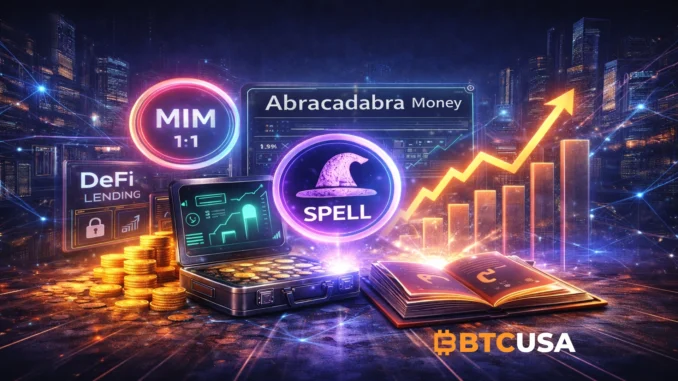 Digital illustration of a DeFi lending dashboard with stablecoin collateral and Spell Token theme, reflecting SPELL price prediction for 2024–2030
